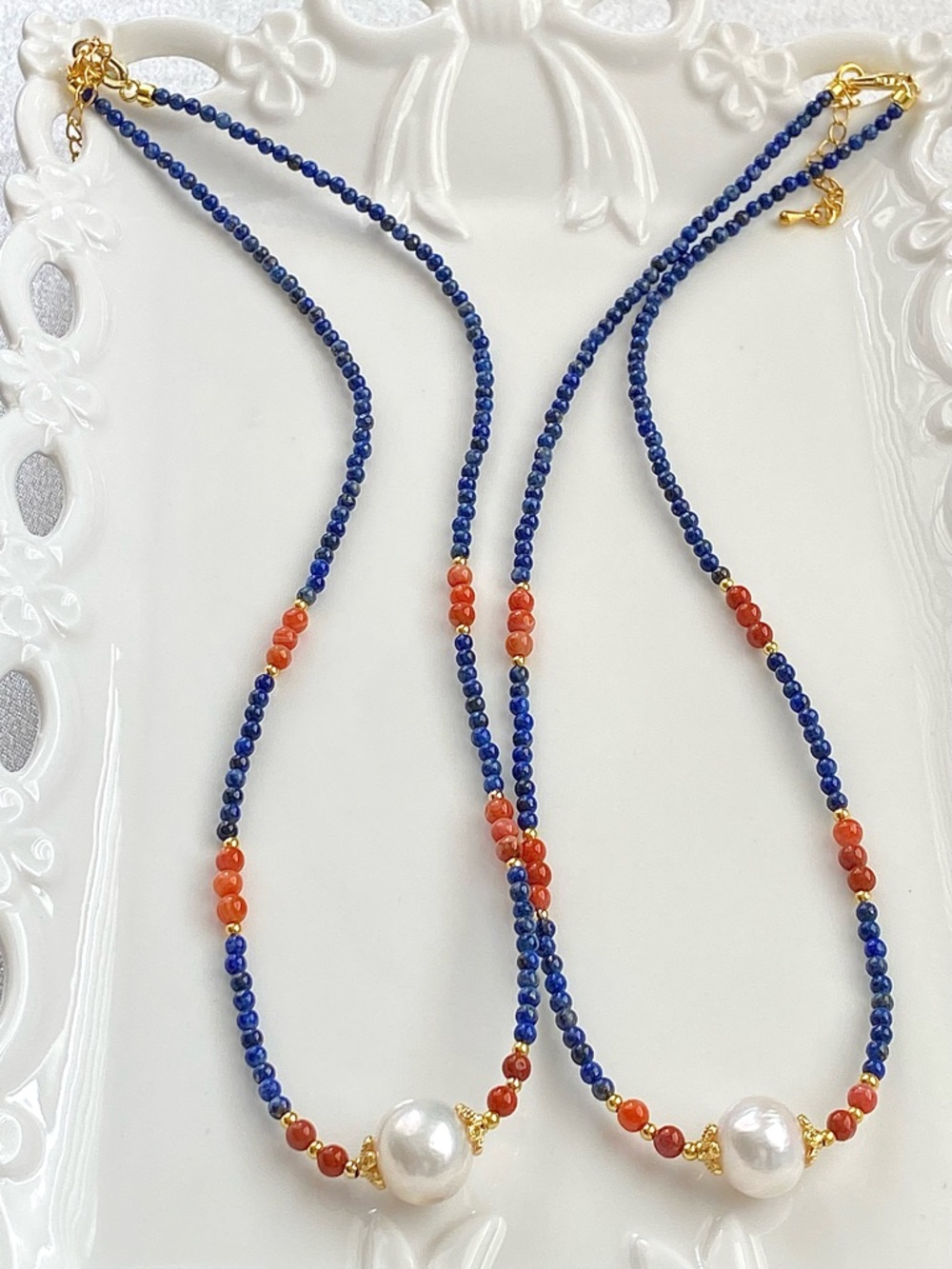 GP59-Lapis Lazuli, Red Agate And Edison Pearl Necklace - Picture 4 of 15